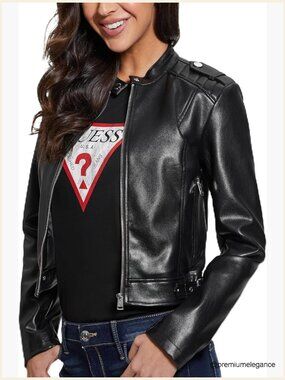 Faux Leather Moto Jacket with Snap Mandarin Collar